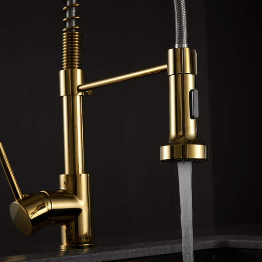  Modern Single Handle Pull Down Sprayer Kitchen Faucet High-Arc In Brushed Gold