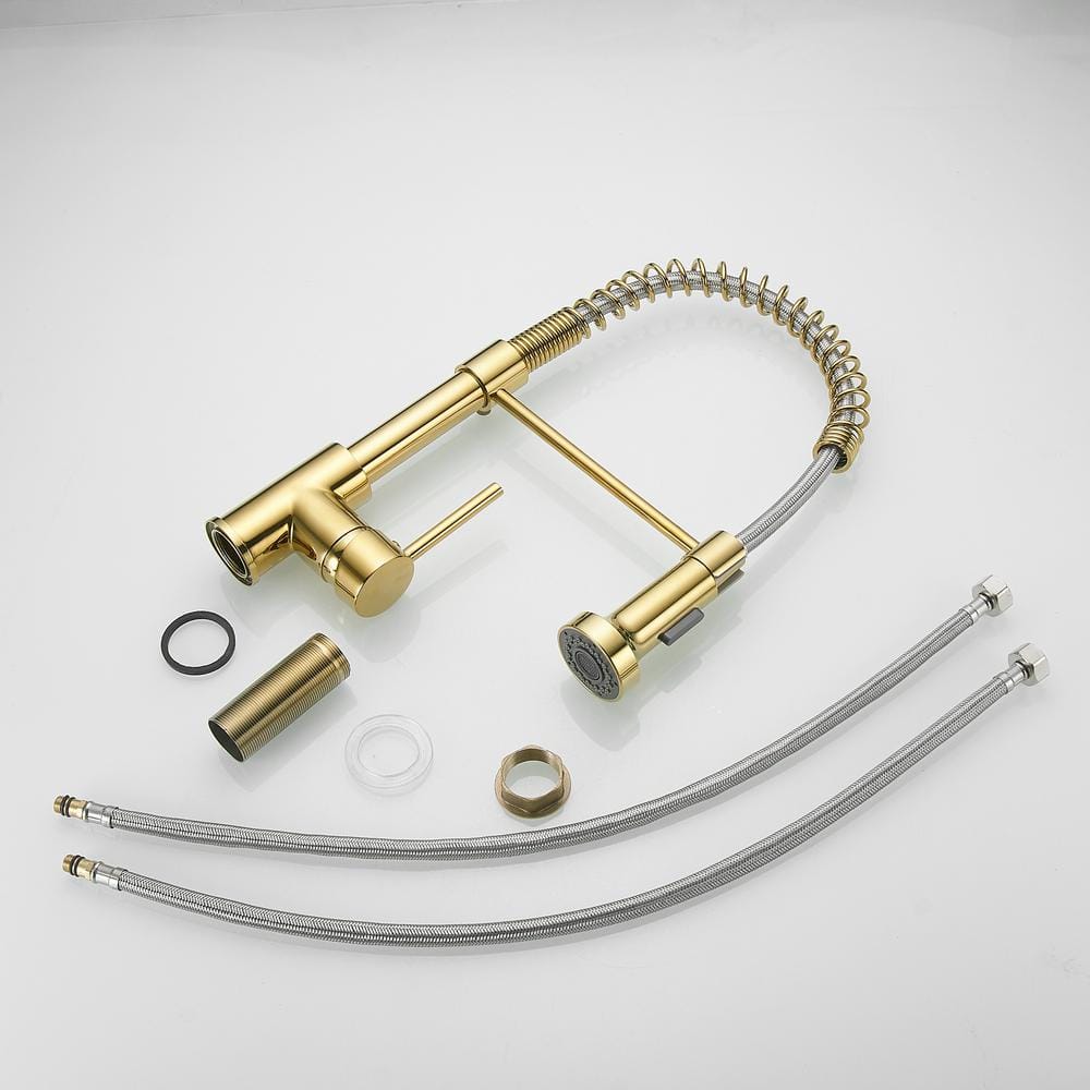  Modern Single Handle Pull Down Sprayer Kitchen Faucet High-Arc In Brushed Gold