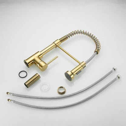  Modern Single Handle Pull Down Sprayer Kitchen Faucet High-Arc In Brushed Gold