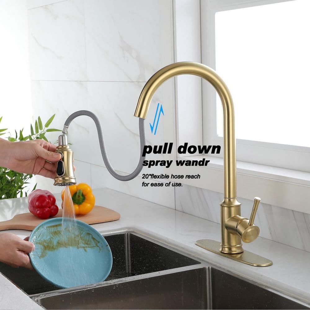  Single-Handle Touch High Arc Stainless Steel Pull Out Sprayer Kitchen Faucet In Brushed Gold