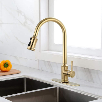  Single-Handle Touch High Arc Stainless Steel Pull Out Sprayer Kitchen Faucet In Brushed Gold