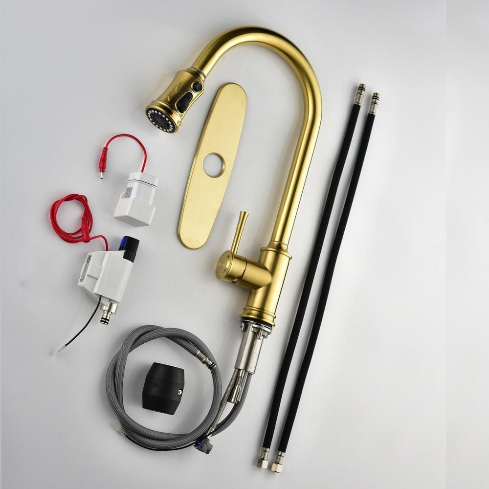  Single-Handle Touch High Arc Stainless Steel Pull Out Sprayer Kitchen Faucet In Brushed Gold