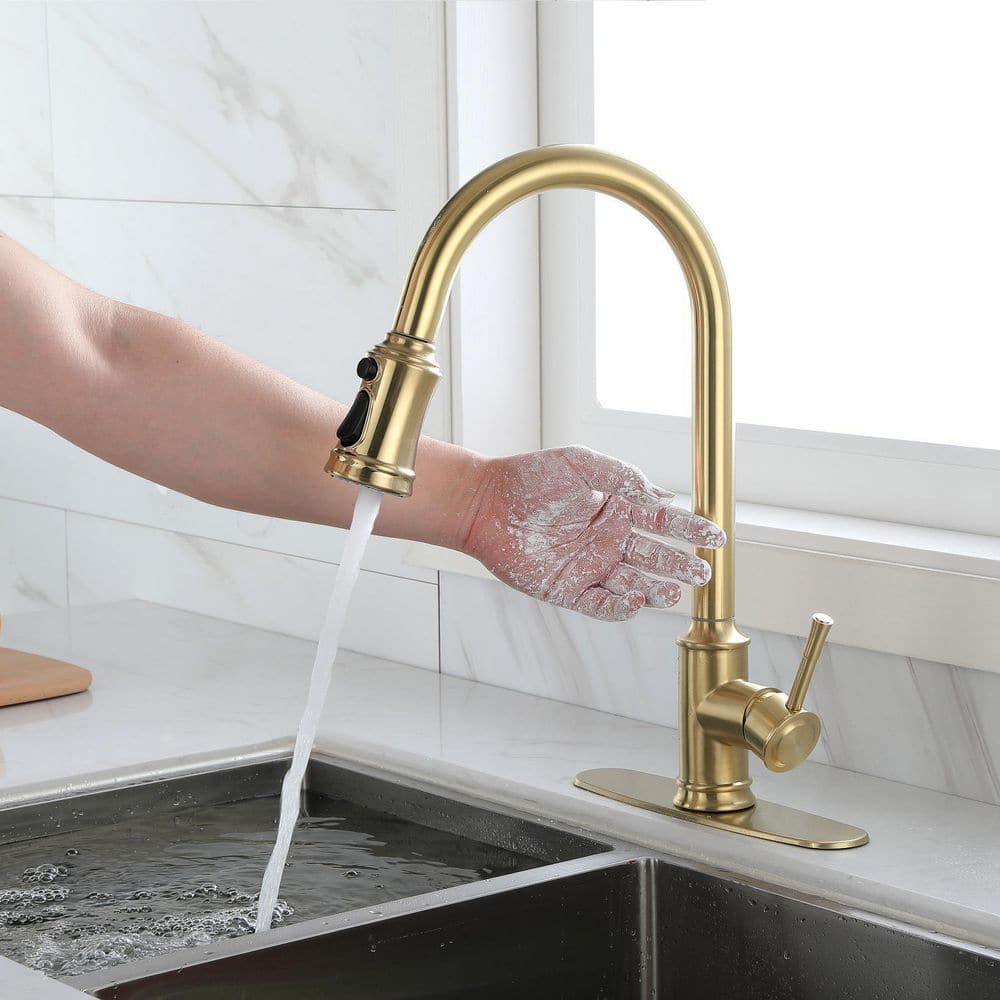  Single-Handle Touch High Arc Stainless Steel Pull Out Sprayer Kitchen Faucet In Brushed Gold