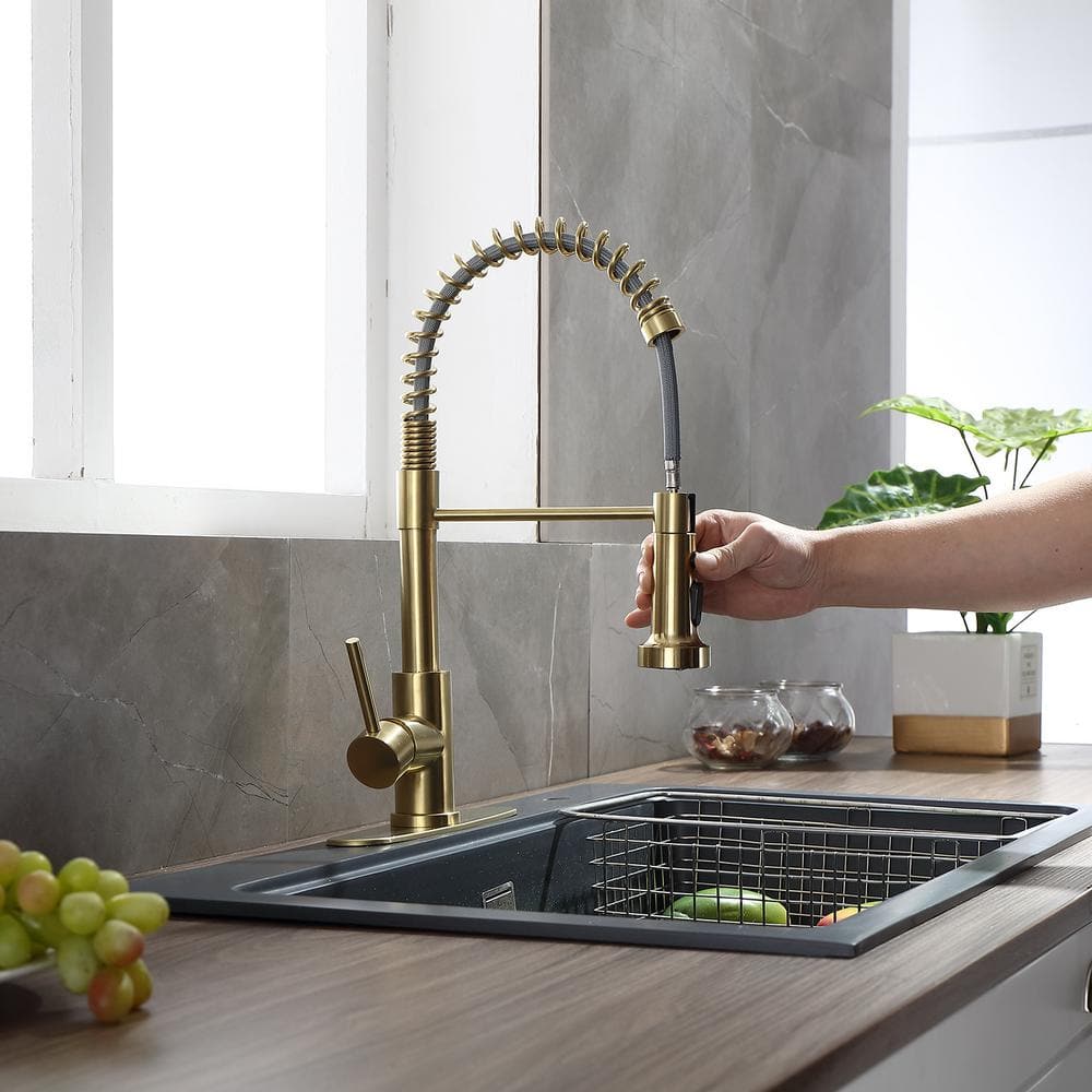  Single Handle Deck Mount Pull Out Sprayer Kitchen Faucet With Deckplate Included In Brushed Gold