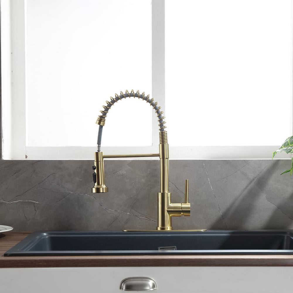  Single Handle Deck Mount Pull Out Sprayer Kitchen Faucet With Deckplate Included In Brushed Gold