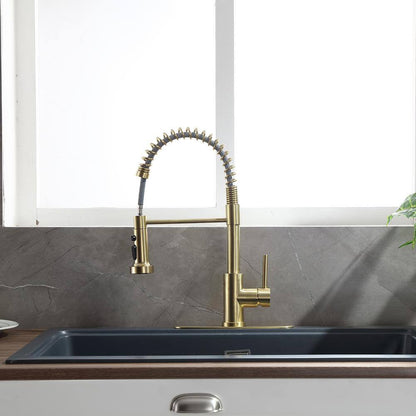  Single Handle Deck Mount Pull Out Sprayer Kitchen Faucet With Deckplate Included In Brushed Gold