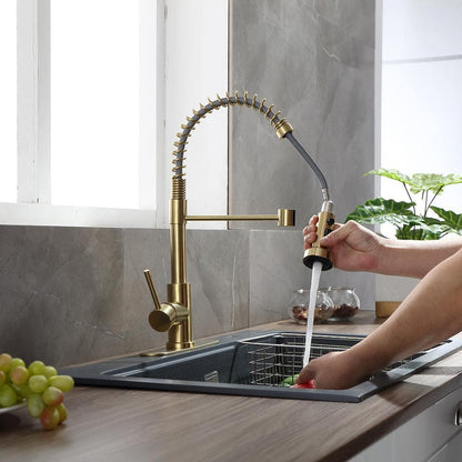  Single Handle Deck Mount Pull Out Sprayer Kitchen Faucet With Deckplate Included In Brushed Gold
