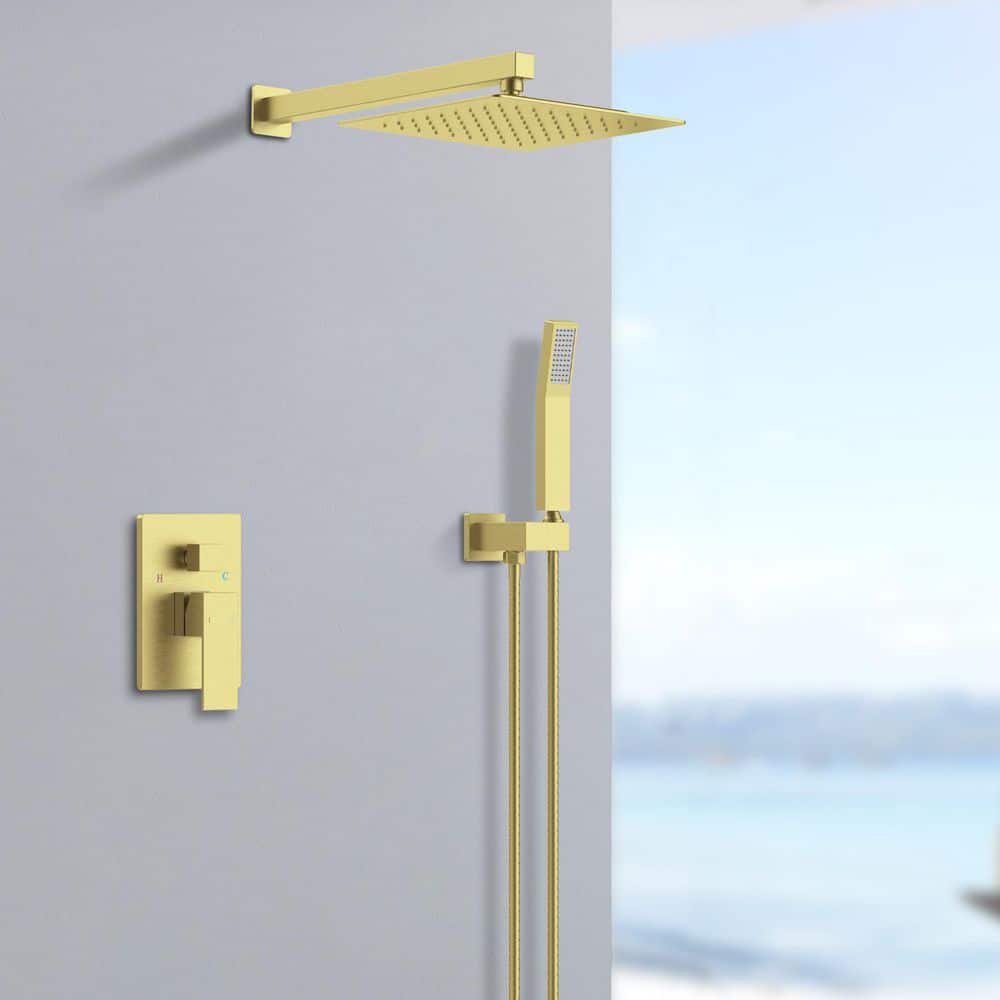  Single-Handle 2-Spray Patterns Rainfall Rectangle Dual Shower Head In Brushed Gold (Valve Included)
