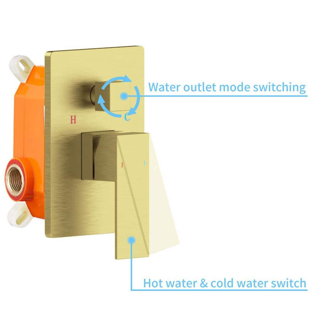  Single-Handle 2-Spray Patterns Rainfall Rectangle Dual Shower Head In Brushed Gold (Valve Included)