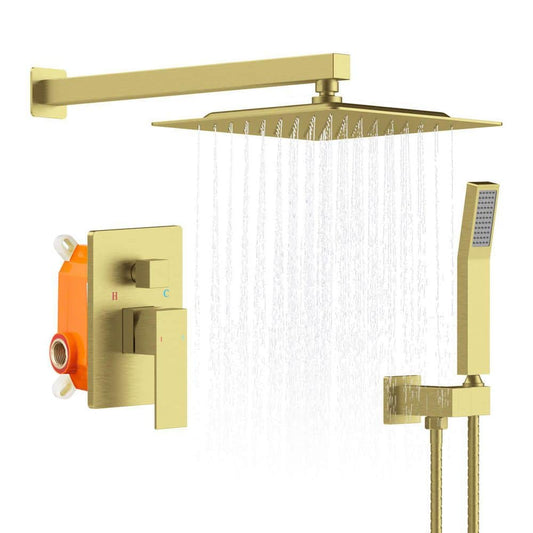  Single-Handle 2-Spray Patterns Rainfall Rectangle Dual Shower Head In Brushed Gold (Valve Included)