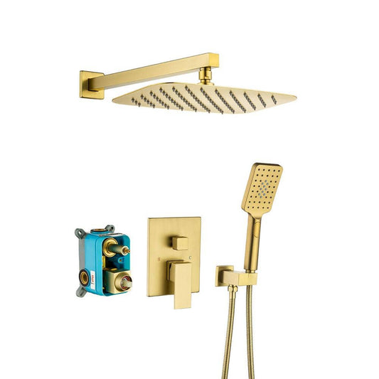  Rainfall 12 In. Square Shower Head Combo Set With Rough-in Valve Body And Trim Included In Brushed Gold