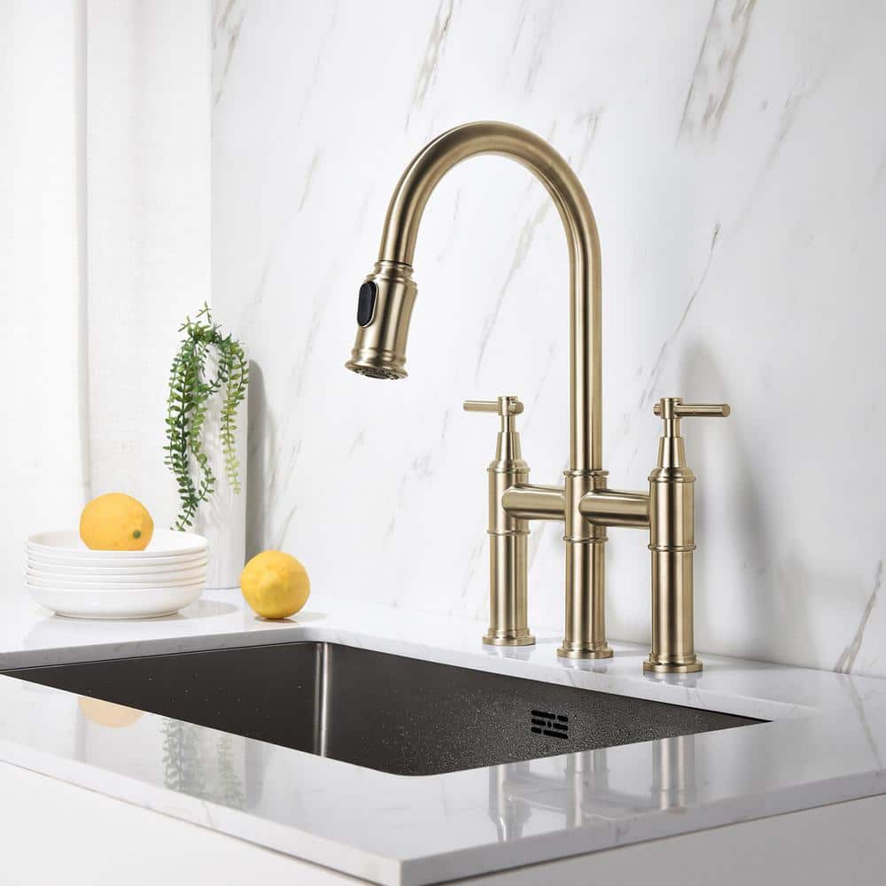  Single Handle Bridge Kitchen Faucet With Pull-Down Sprayhead In Spot In Matte Gold