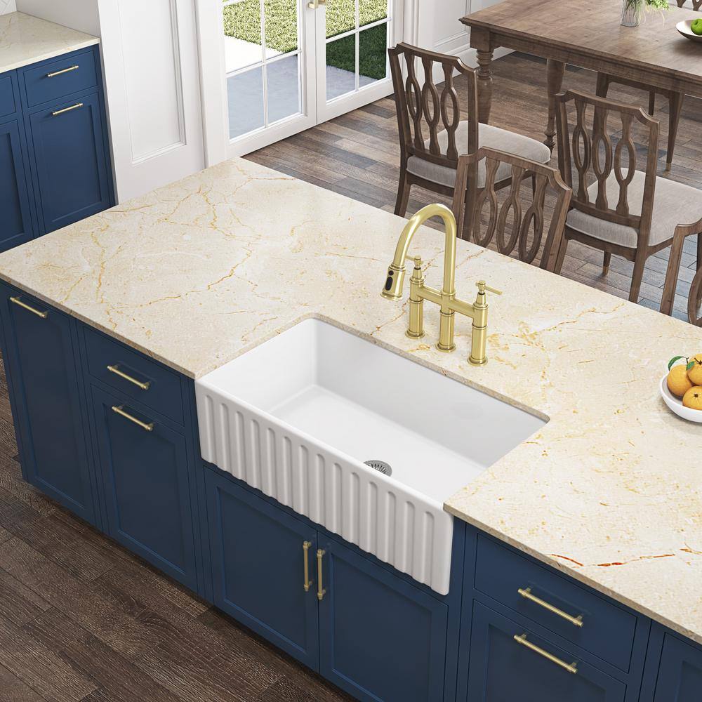  Single Handle Bridge Kitchen Faucet With Pull-Down Sprayhead In Spot In Matte Gold