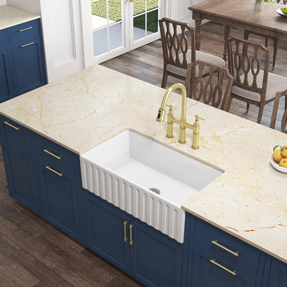  Single Handle Bridge Kitchen Faucet With Pull-Down Sprayhead In Spot In Matte Gold