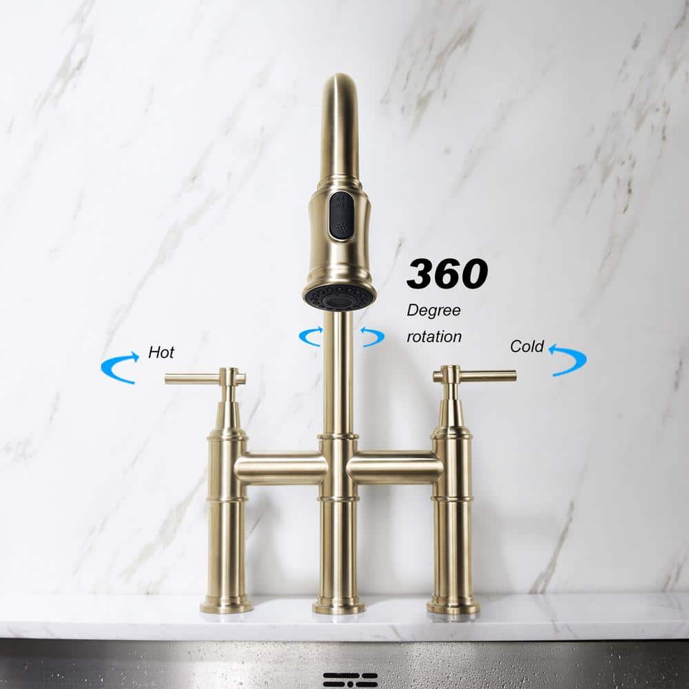  Single Handle Bridge Kitchen Faucet With Pull-Down Sprayhead In Spot In Matte Gold