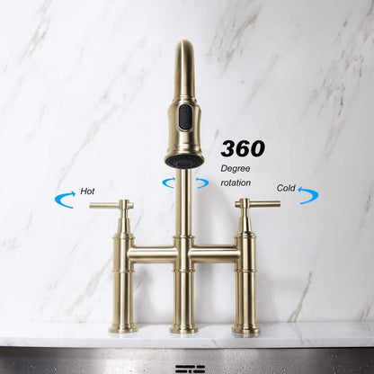  Single Handle Bridge Kitchen Faucet With Pull-Down Sprayhead In Spot In Matte Gold