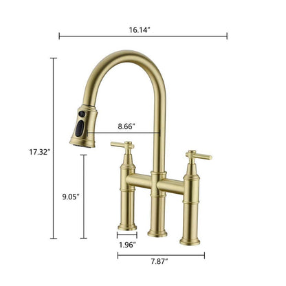  Single Handle Bridge Kitchen Faucet With Pull-Down Sprayhead In Spot In Matte Gold