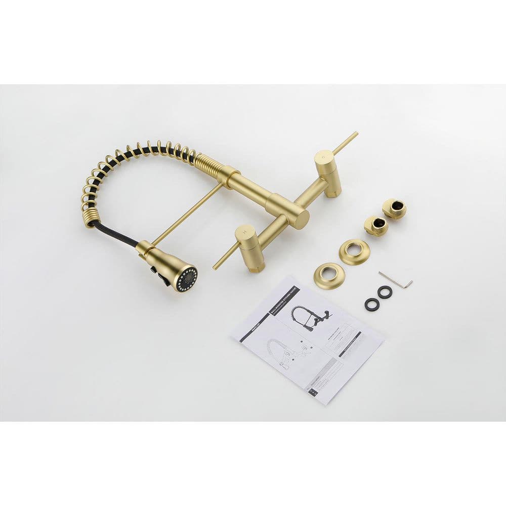  2 Handle Bridge Kitchen Faucet In Brushed Gold