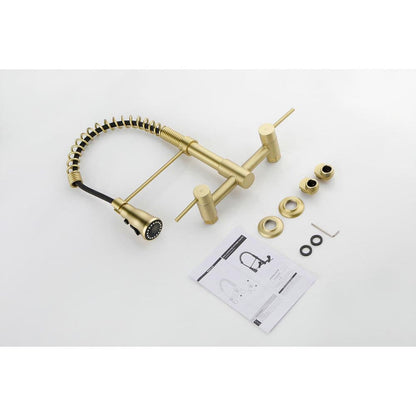  2 Handle Bridge Kitchen Faucet In Brushed Gold