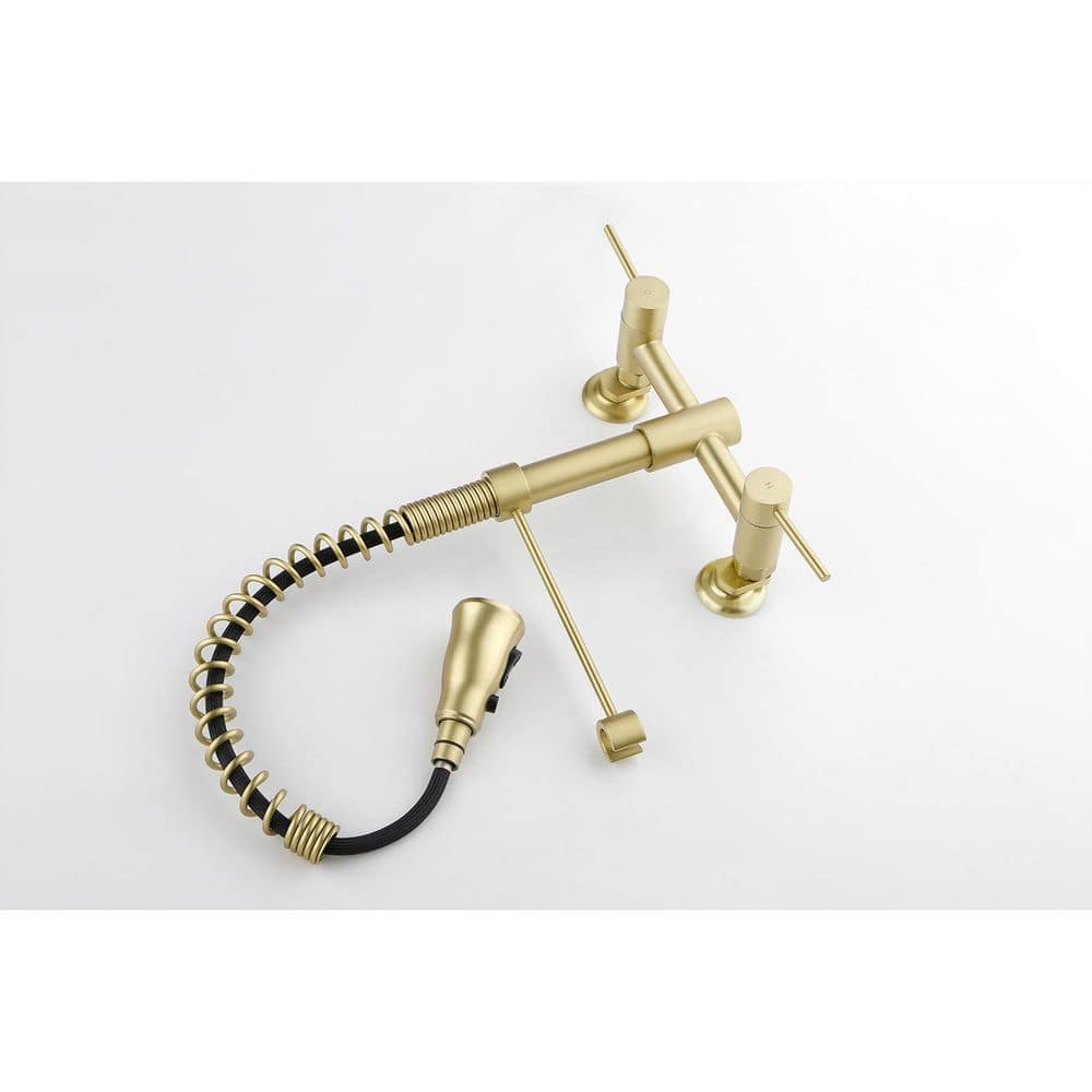  2 Handle Bridge Kitchen Faucet In Brushed Gold