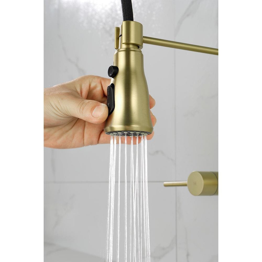  2 Handle Bridge Kitchen Faucet In Brushed Gold