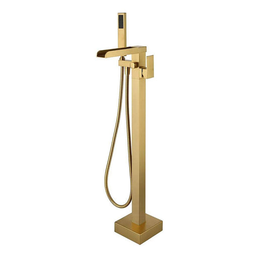  Single Handle Free Standing Waterfall Tub Filler Bathroom Tub Faucet With Handheld Shower In Brushed Gold