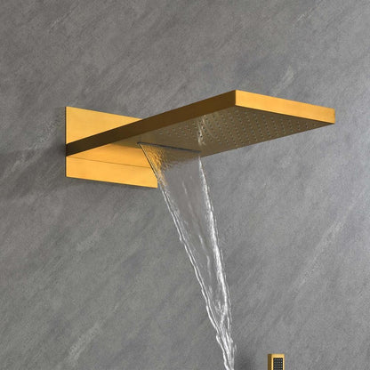  1-Spray Wall Mounted Waterfall Dual Rain Shower System 2.5 GPM In Brushed Gold
