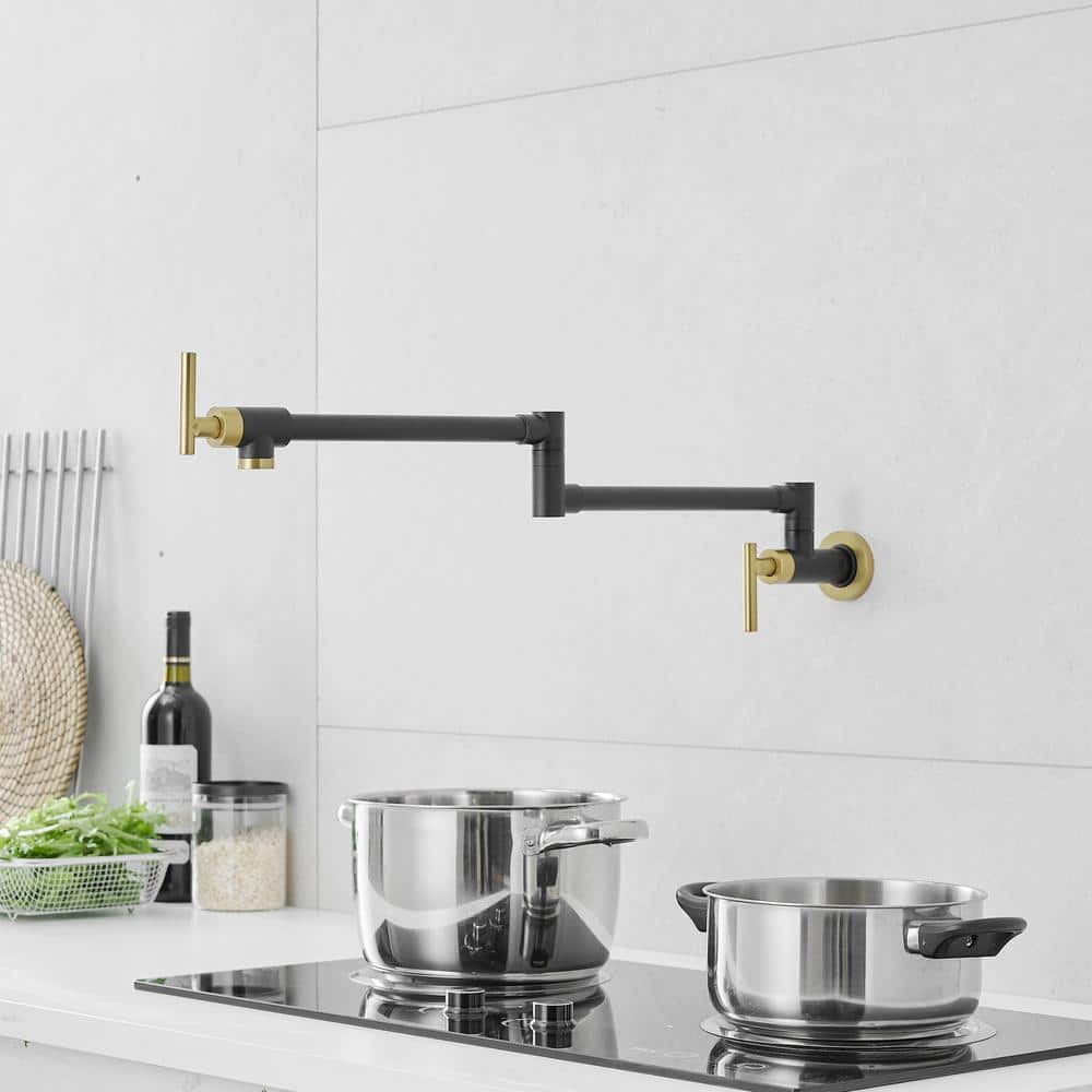  Wall Mounted Pot Filler With Cross Handle In Chrome Brushed Gold