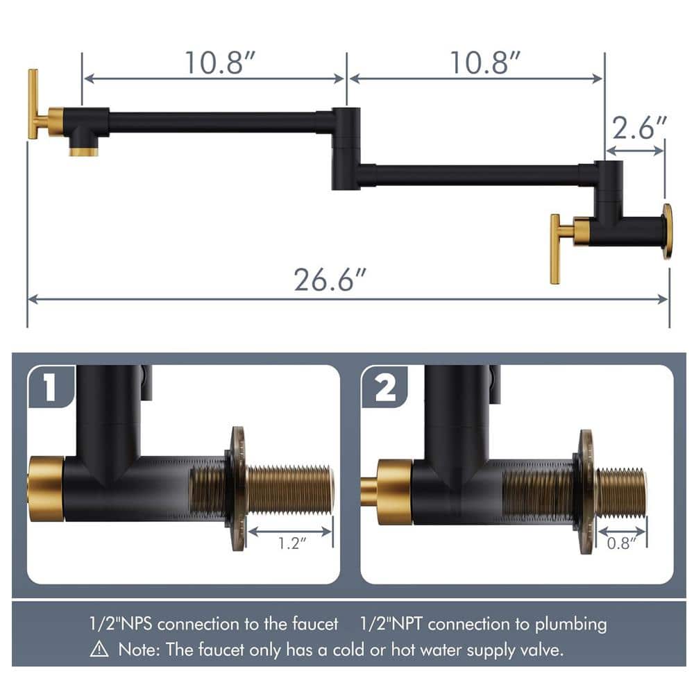  Wall Mounted Pot Filler With Cross Handle In Chrome Brushed Gold
