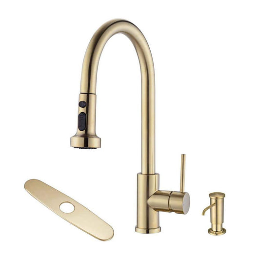  Single Handle Deck Mount Gooseneck Pull Down Sprayer Kitchen Faucet With Deckplate And Soap Dispenser In Brushed Gold