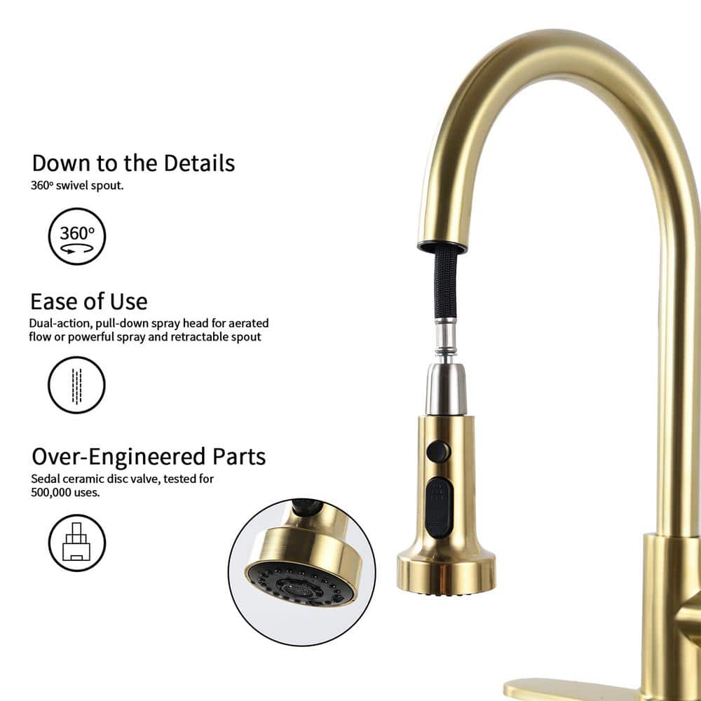 Single Handle Deck Mount Gooseneck Pull Down Sprayer Kitchen Faucet With Deckplate Handles In Brushed Gold