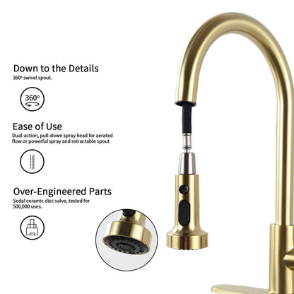  Single Handle Deck Mount Gooseneck Pull Down Sprayer Kitchen Faucet With Deckplate Handles In Brushed Gold