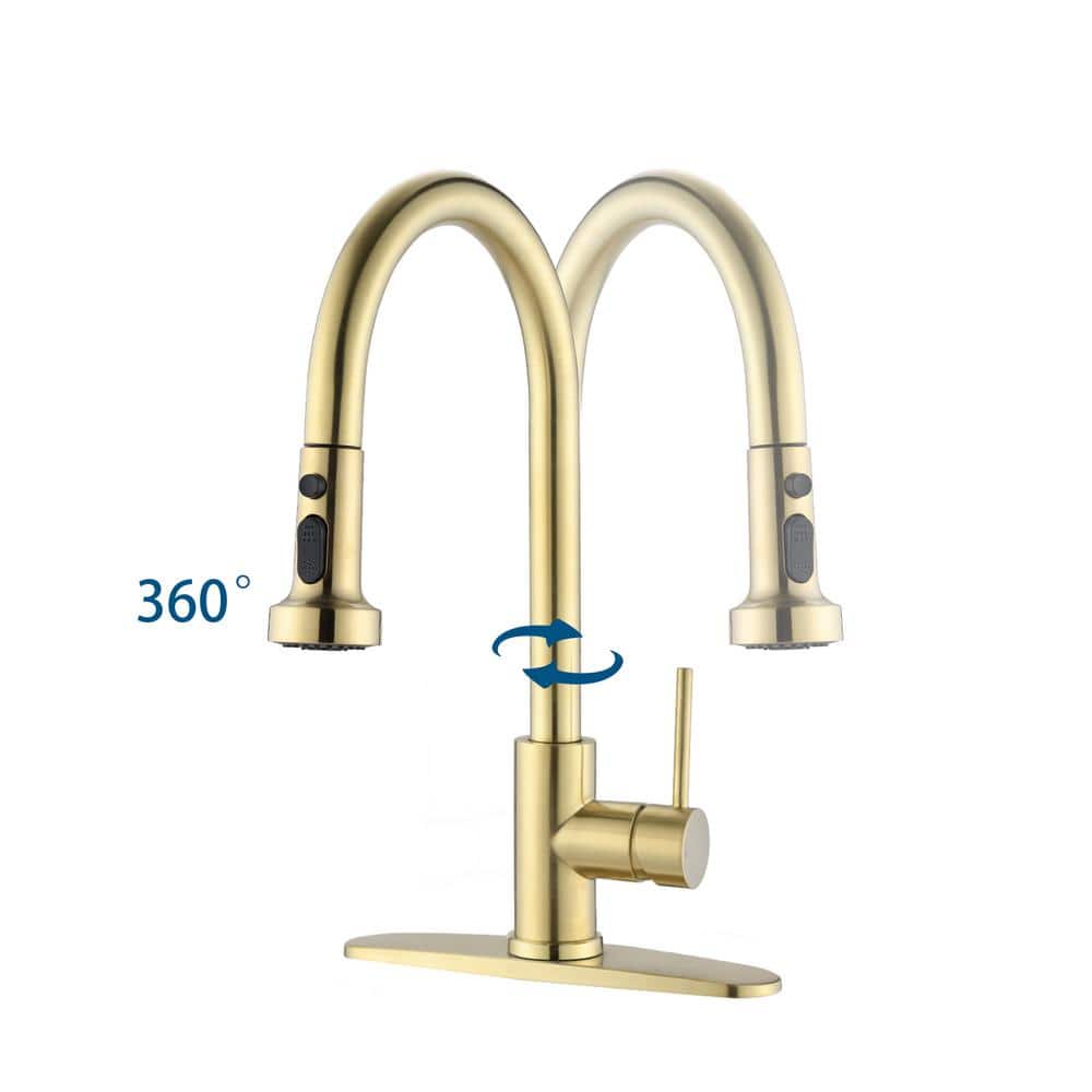  Single Handle Deck Mount Gooseneck Pull Down Sprayer Kitchen Faucet With Deckplate Handles In Brushed Gold