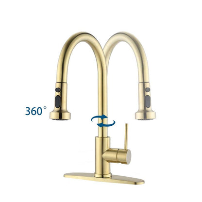  Single Handle Deck Mount Gooseneck Pull Down Sprayer Kitchen Faucet With Deckplate Handles In Brushed Gold