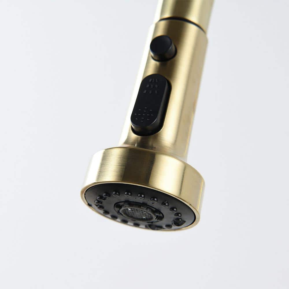  Single Handle Deck Mount Gooseneck Pull Down Sprayer Kitchen Faucet With Deckplate Handles In Brushed Gold
