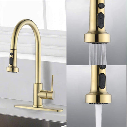  Single Handle Deck Mount Gooseneck Pull Down Sprayer Kitchen Faucet With Deckplate Handles In Brushed Gold