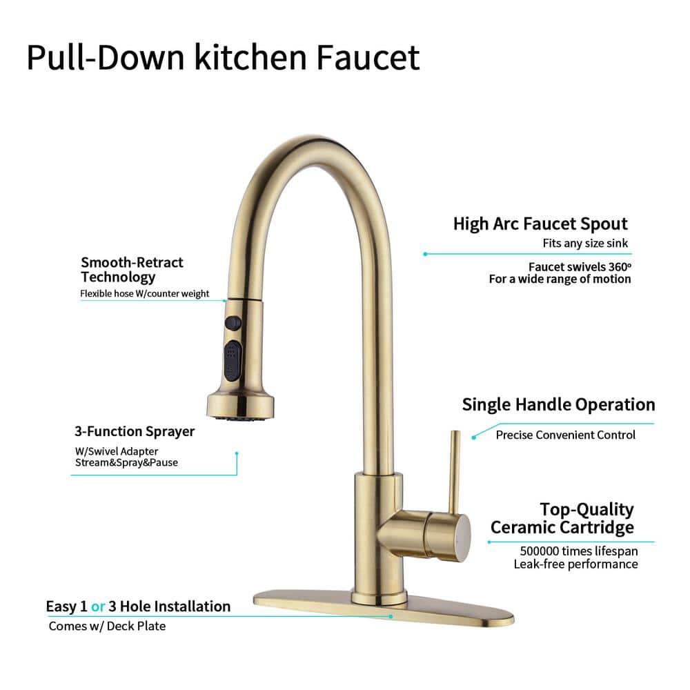  Single Handle Deck Mount Gooseneck Pull Down Sprayer Kitchen Faucet With Deckplate Handles In Brushed Gold