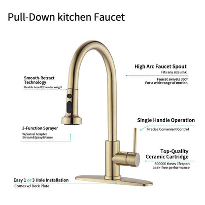  Single Handle Deck Mount Gooseneck Pull Down Sprayer Kitchen Faucet With Deckplate Handles In Brushed Gold