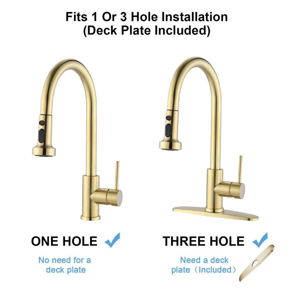  Single Handle Deck Mount Gooseneck Pull Down Sprayer Kitchen Faucet With Deckplate Handles In Brushed Gold