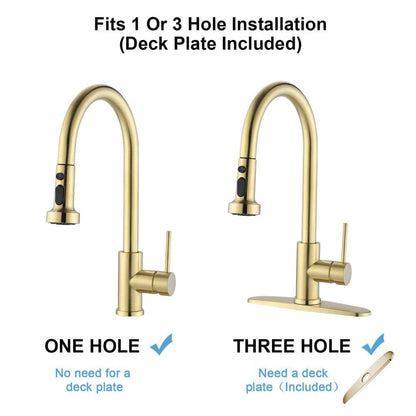  Single Handle Deck Mount Gooseneck Pull Down Sprayer Kitchen Faucet With Deckplate Handles In Brushed Gold