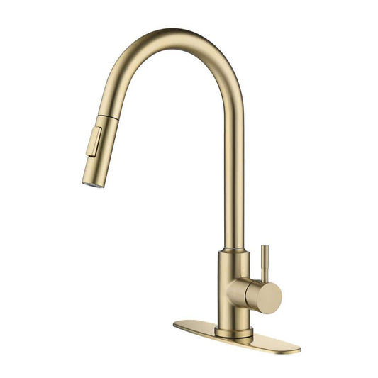 Single Handle Wall Mount Gooseneck Pull Down Sprayer Kitchen Faucet With Deckplate Included And Handle In Brushed Gold