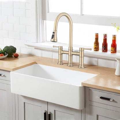  Double Handle Pull Down Sprayer Kitchen Faucet In Brushed Gold