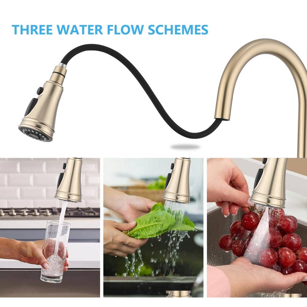  Double Handle Pull Down Sprayer Kitchen Faucet In Brushed Gold