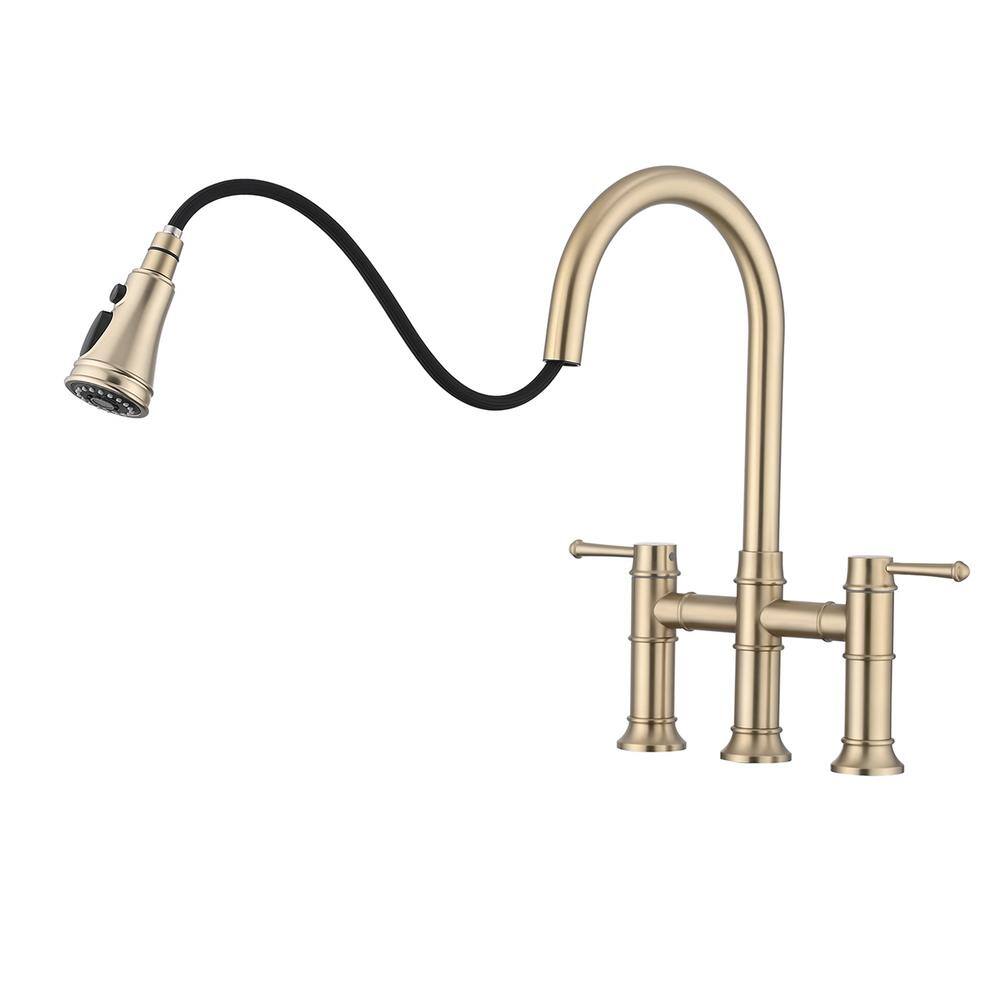  Double Handle Pull Down Sprayer Kitchen Faucet In Brushed Gold