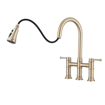  Double Handle Pull Down Sprayer Kitchen Faucet In Brushed Gold
