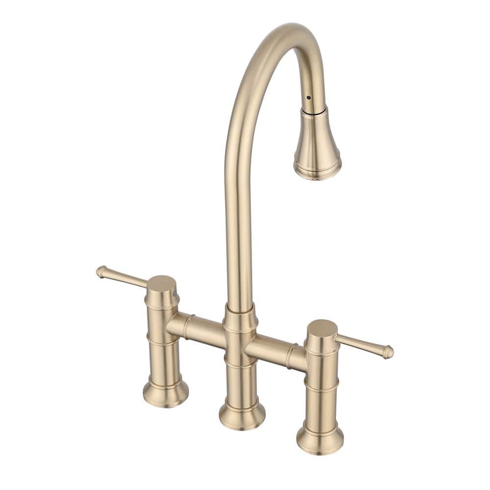  Double Handle Pull Down Sprayer Kitchen Faucet In Brushed Gold