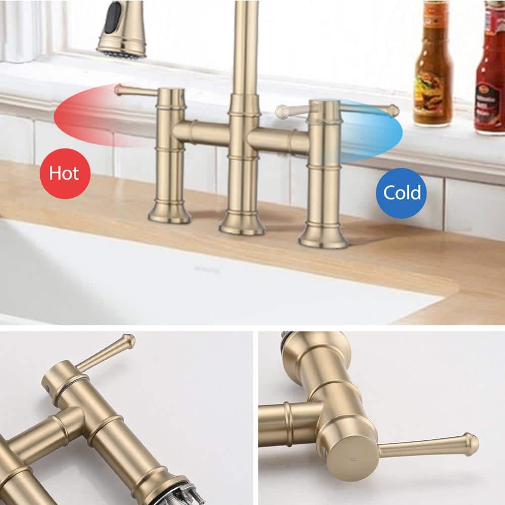 Double Handle Pull Down Sprayer Kitchen Faucet In Brushed Gold