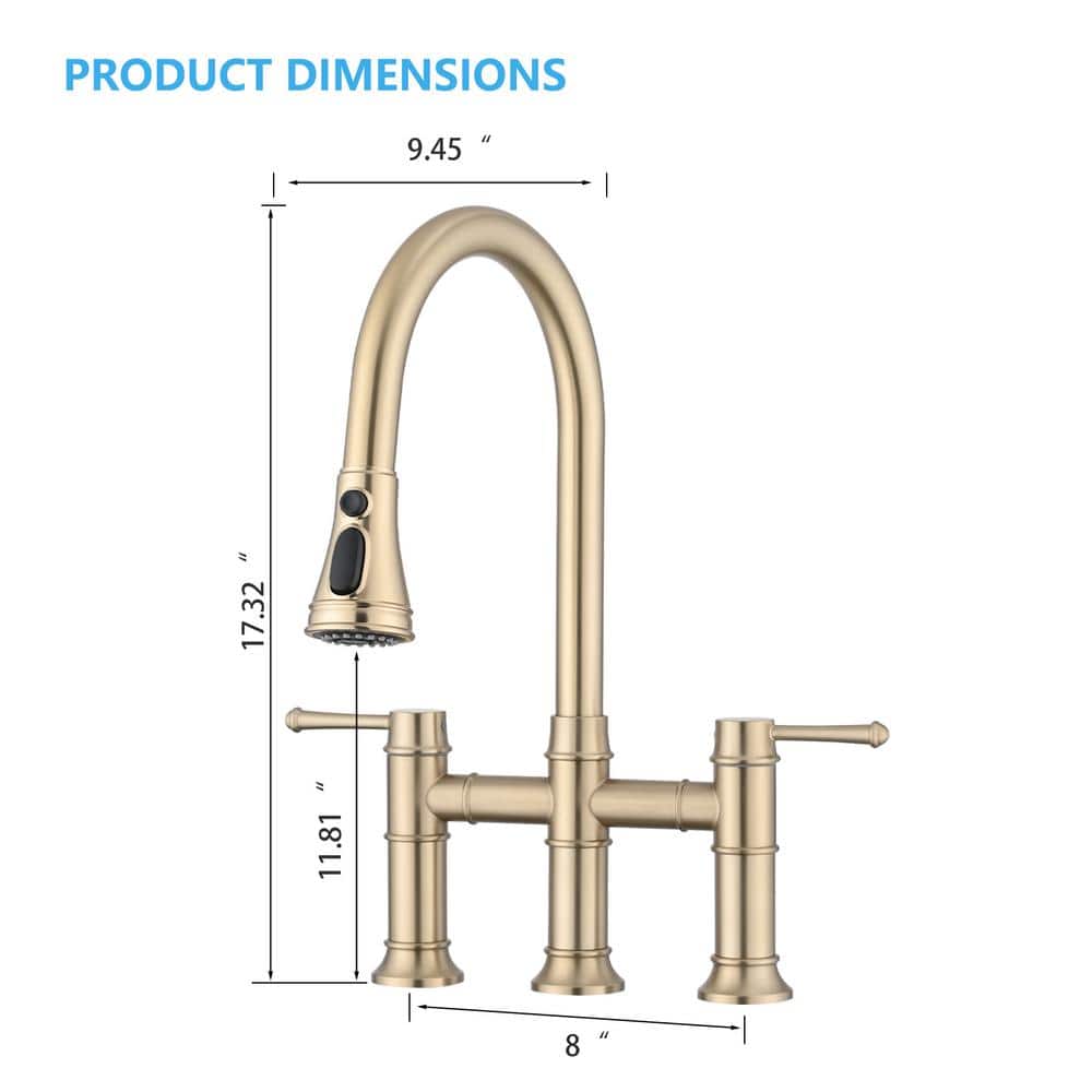  Double Handle Pull Down Sprayer Kitchen Faucet In Brushed Gold