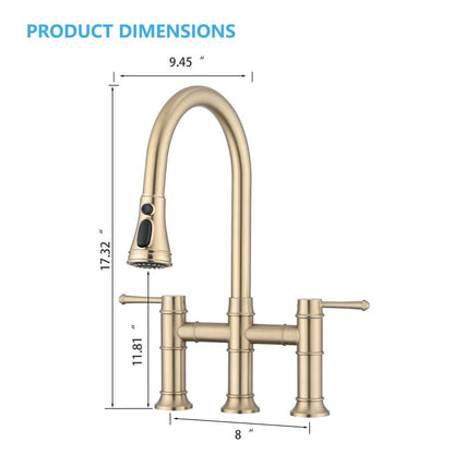  Double Handle Pull Down Sprayer Kitchen Faucet In Brushed Gold