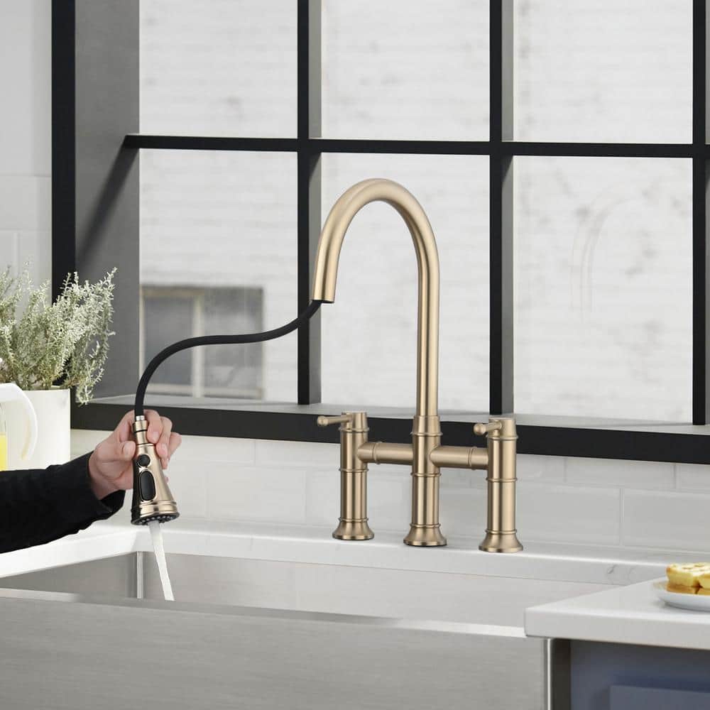  Double Handle Pull Down Sprayer Kitchen Faucet In Brushed Gold